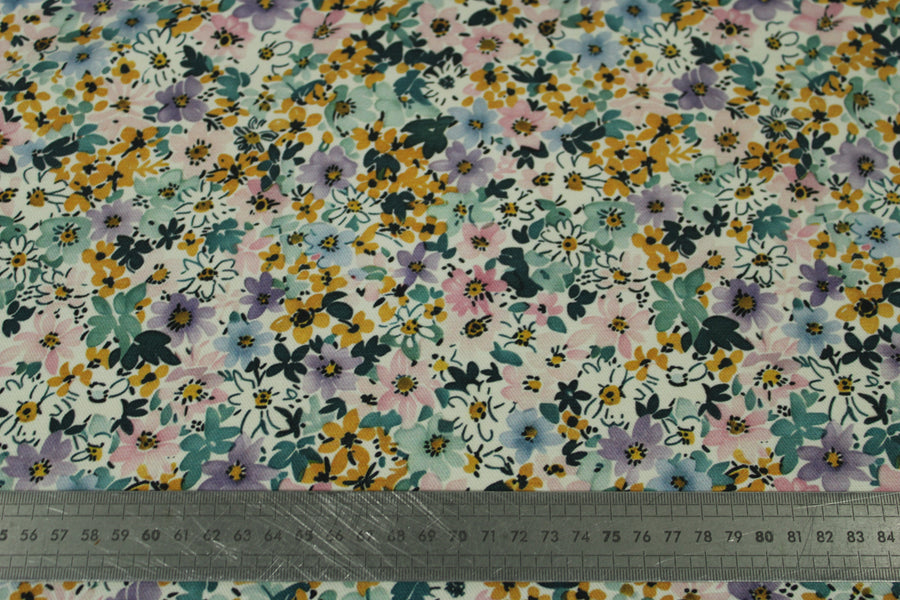 Tissu twill coton et lin - imprimé pretites fleurs - ton vert et pastel