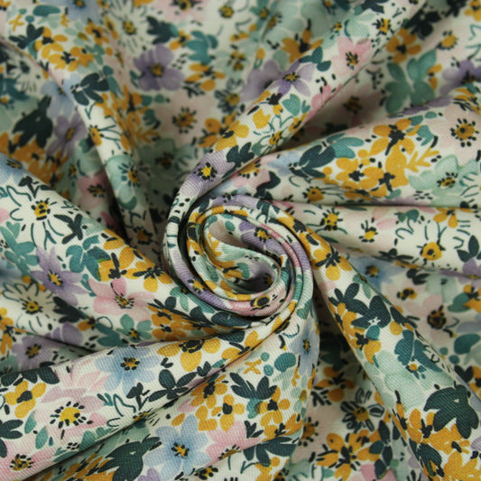 Tissu twill coton et lin - imprimé pretites fleurs - ton vert et pastel - photo 1/5 | So Tissus