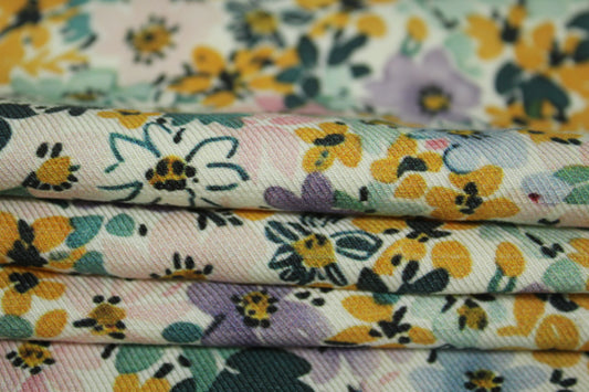 Tissu twill coton et lin - imprimé pretites fleurs - ton vert et pastel - photo 2/5 | So Tissus