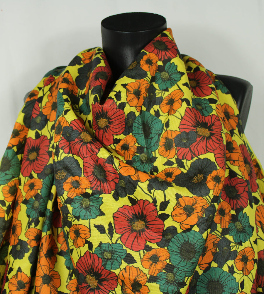 Tissu lin jaune - imprimé grandes fleurs - multicolore