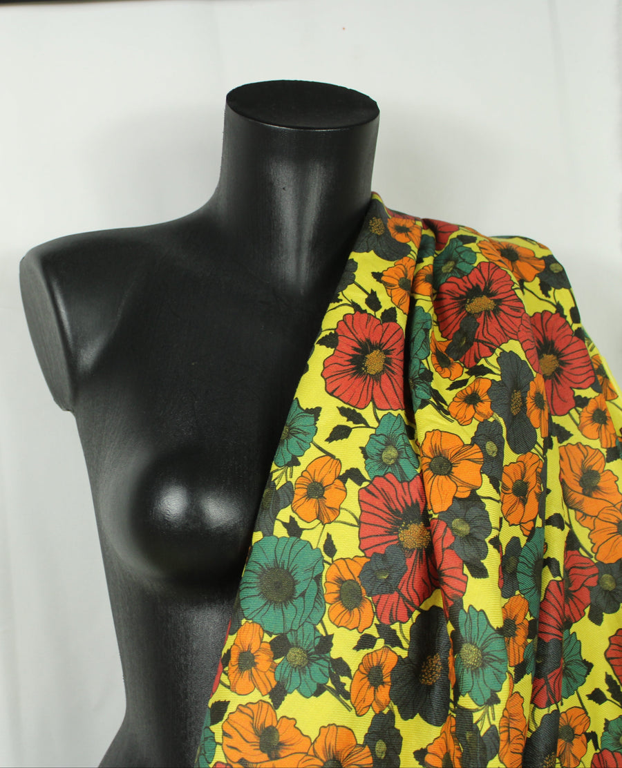Tissu lin jaune - imprimé grandes fleurs - multicolore