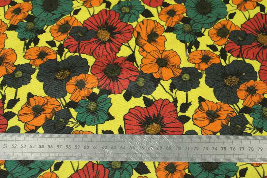 Tissu lin jaune - imprimé grandes fleurs - multicolore