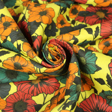 Tissu lin jaune - imprimé grandes fleurs - multicolore