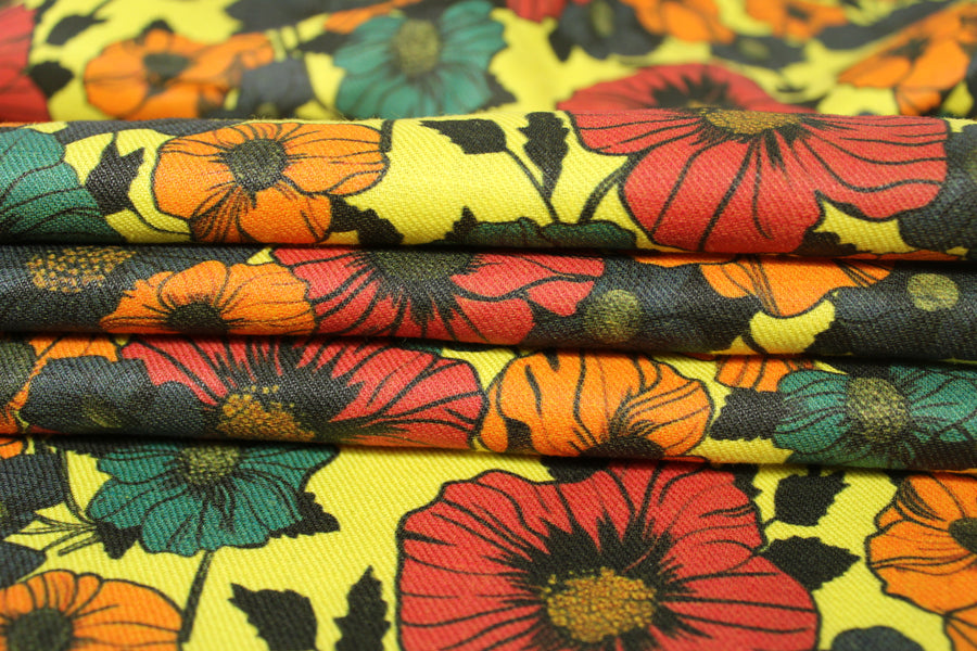 Tissu lin jaune - imprimé grandes fleurs - multicolore