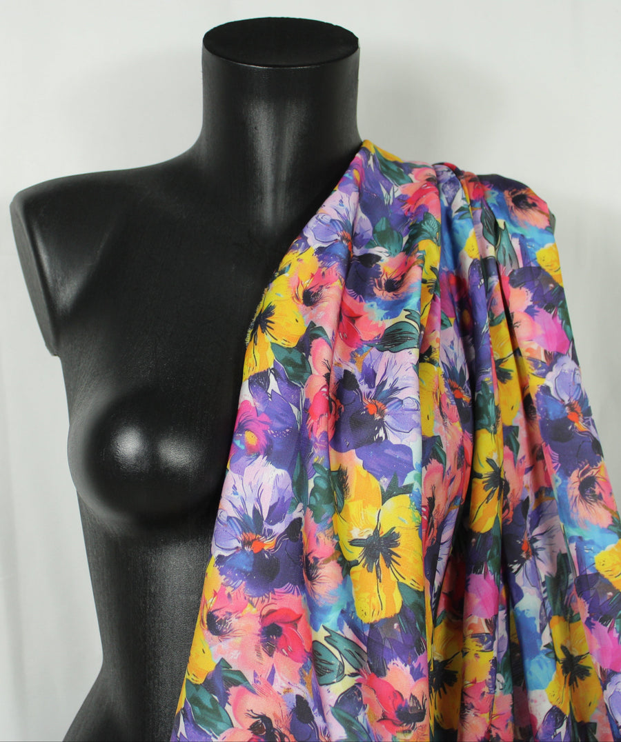 Tissu satin de viscose - imprimé fleurs abstraites - multicolore