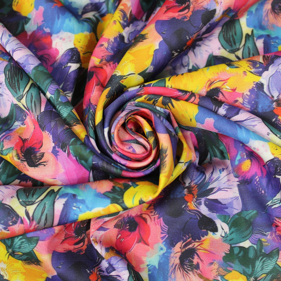 Tissu satin de viscose - imprimé fleurs abstraites - multicolore