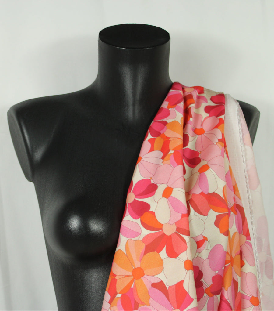 Tissu satin de viscose - imprimé fleur vintage - ton rose, rouge et orange