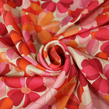 Tissu satin de viscose - imprimé fleur vintage - ton rose, rouge et orange