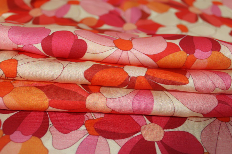 Tissu satin de viscose - imprimé fleur vintage - ton rose, rouge et orange
