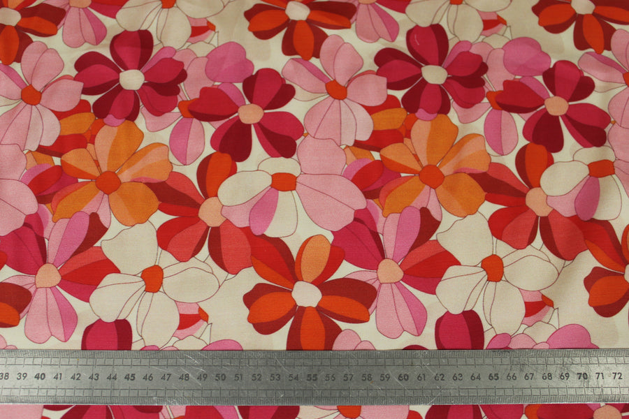 Tissu satin de viscose - imprimé fleur vintage - ton rose, rouge et orange
