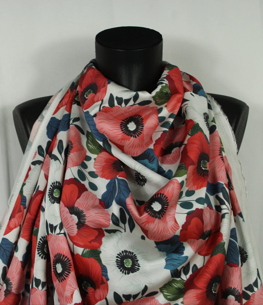Tissu satin de viscose - imprimé coquelicot - ton rose, rouge et blanc