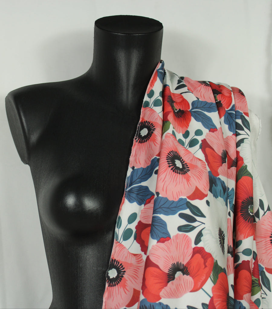 Tissu satin de viscose - imprimé coquelicot - ton rose, rouge et blanc