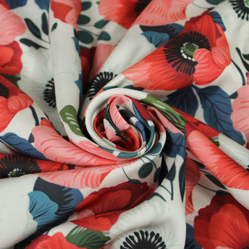 Tissu satin de viscose - imprimé coquelicot - ton rose, rouge et blanc