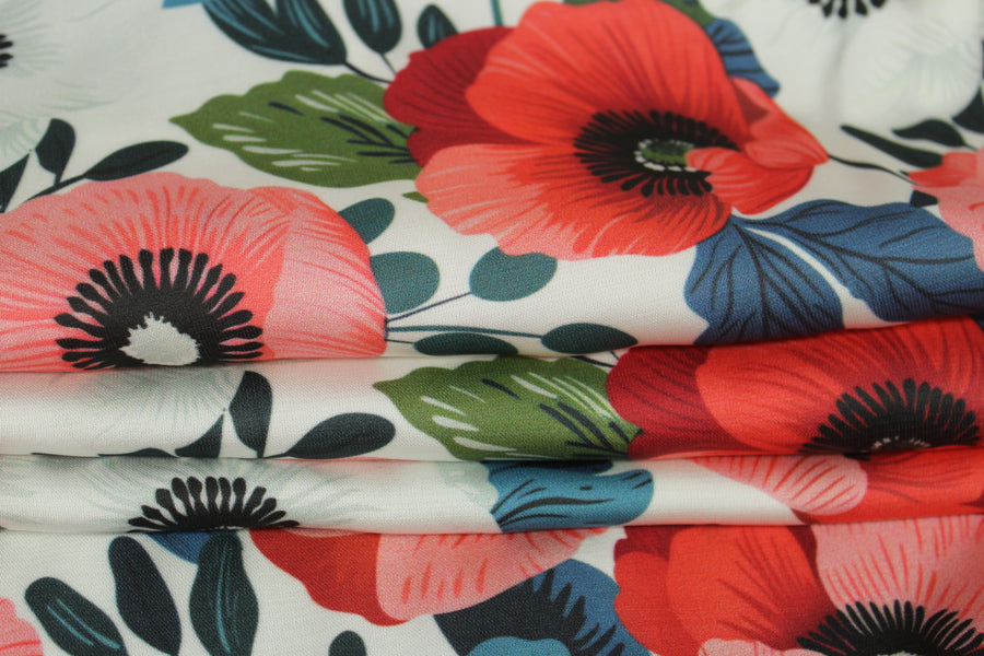 Tissu satin de viscose - imprimé coquelicot - ton rose, rouge et blanc