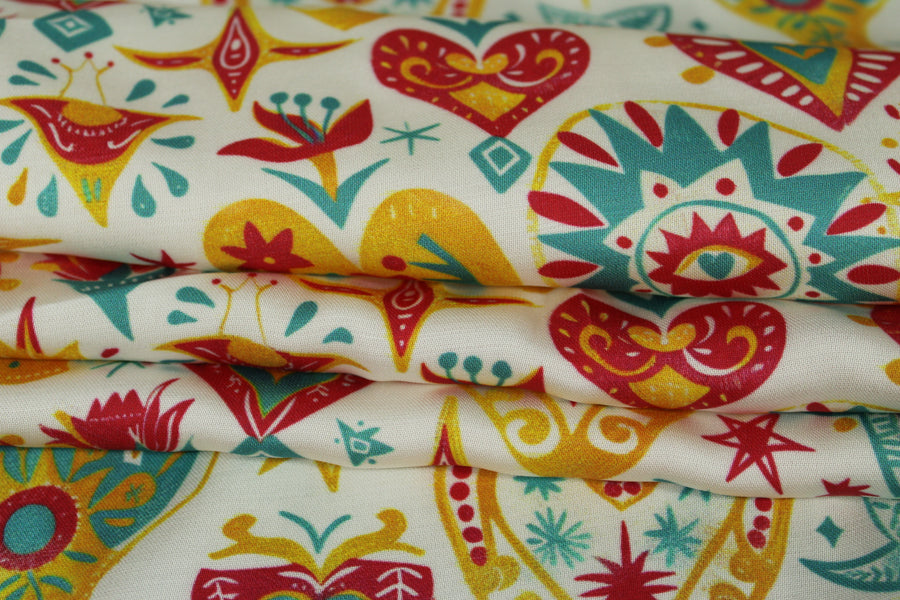 Tissu satin de viscose - imprimé folk mexicain