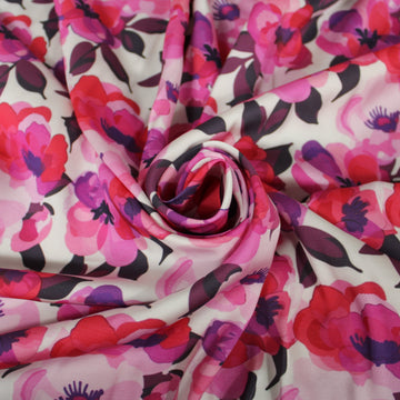 Tissu satin de viscose - imprimé pivoine - ton fuchsia