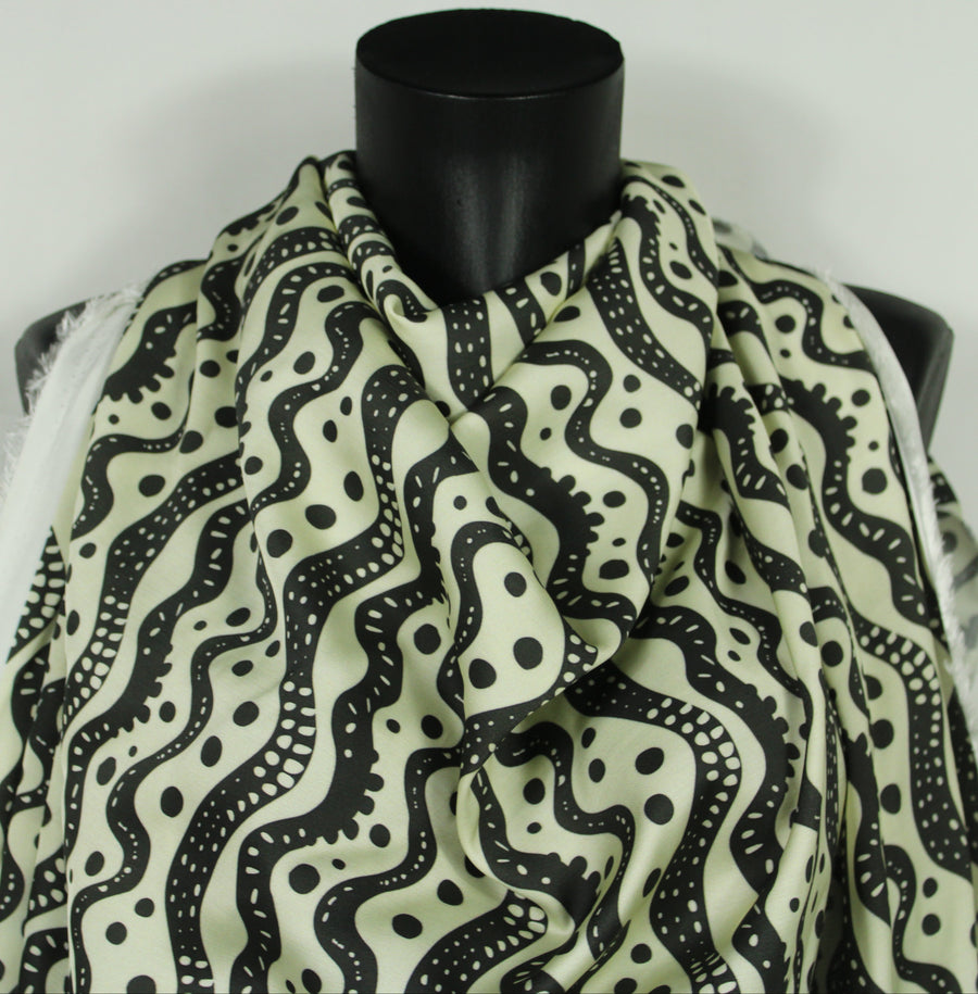 Tissu satin de viscose - imprimé rayures et pois - écru et noir