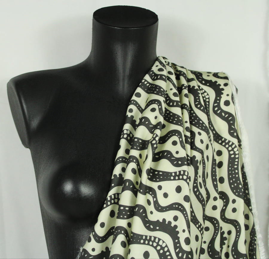 Tissu satin de viscose - imprimé rayures et pois - écru et noir