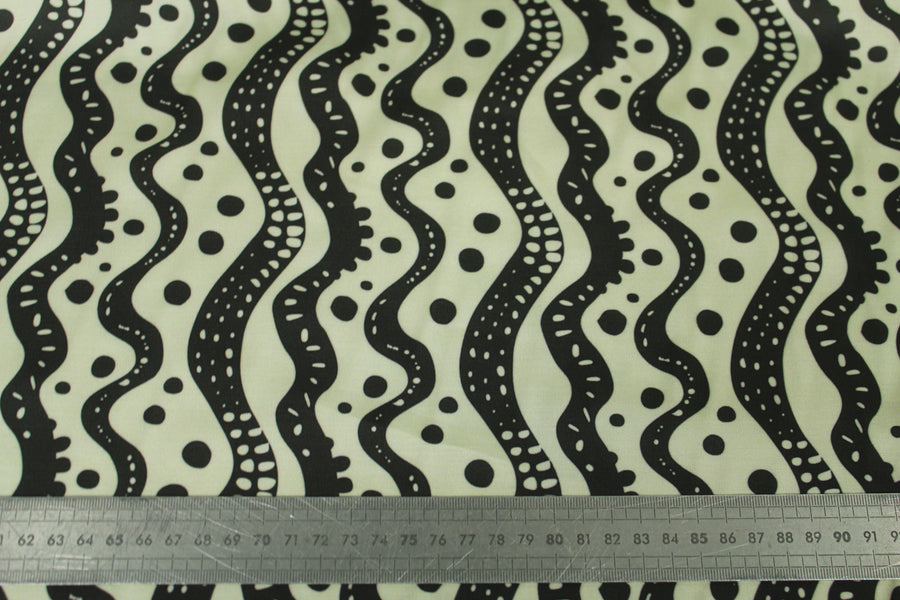 Tissu satin de viscose - imprimé rayures et pois - écru et noir
