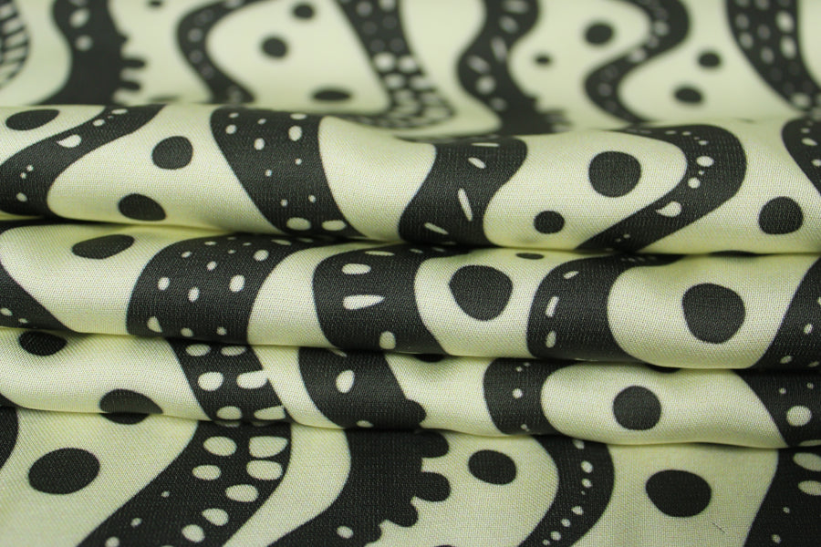 Tissu satin de viscose - imprimé rayures et pois - écru et noir