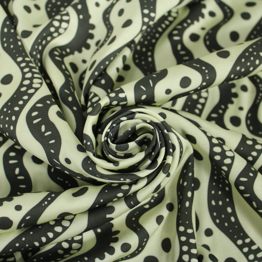 Tissu satin de viscose - imprimé rayures et pois - écru et noir