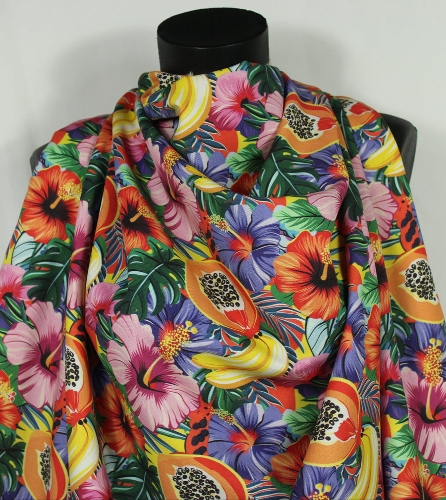 Tissu twill coton et lin - imprimé fruits exotiques - multicolore