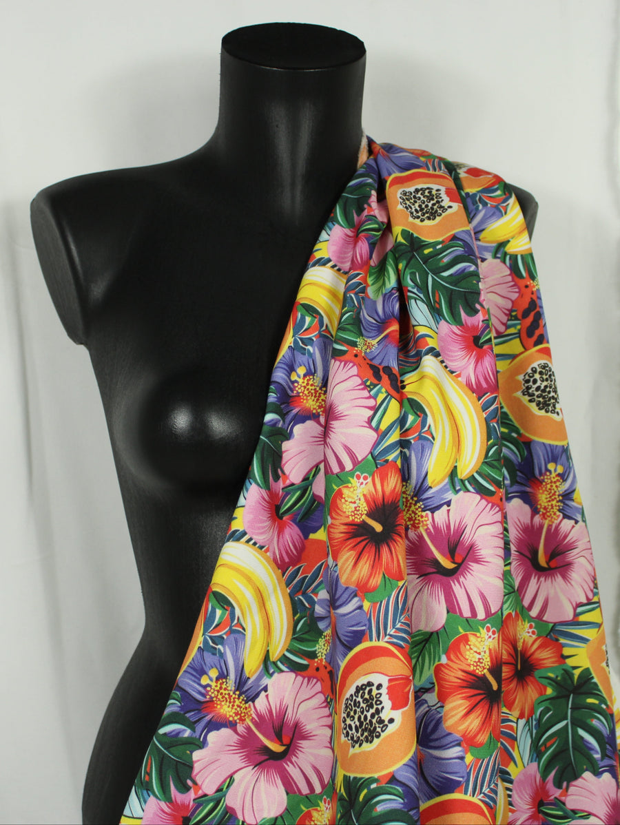 Tissu twill coton et lin - imprimé fruits exotiques - multicolore