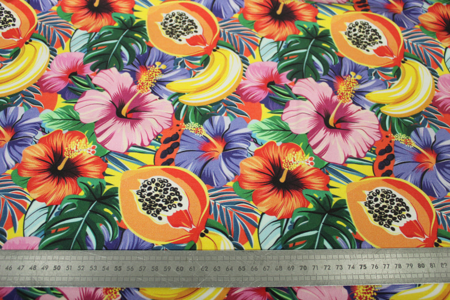 Tissu twill coton et lin - imprimé fruits exotiques - multicolore