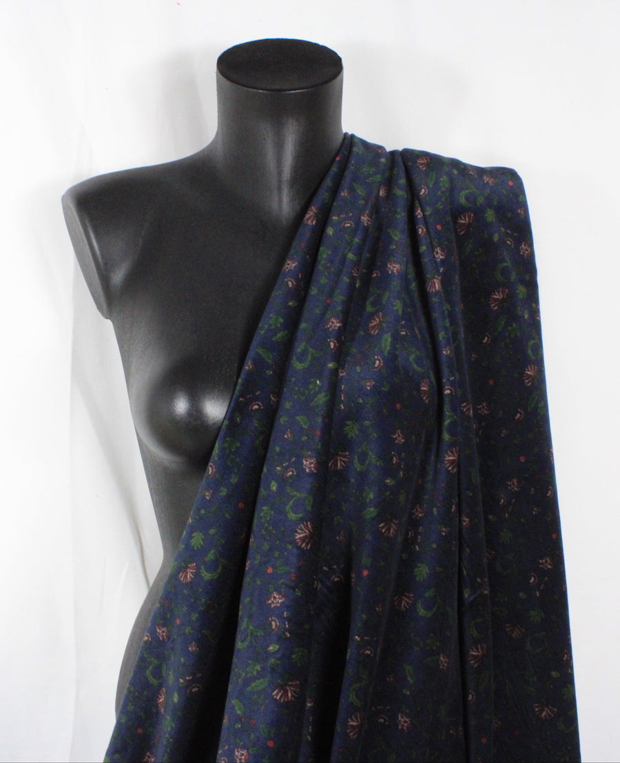 Tissu velours lisse - imprimé fleuri - ton bleu marine