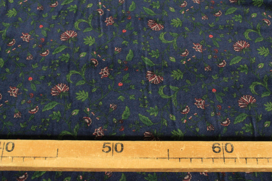 Tissu velours lisse - imprimé fleuri - ton bleu marine