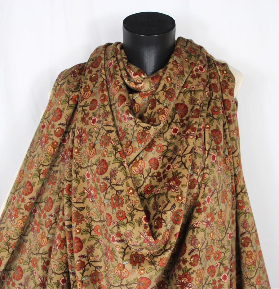 Tissu velours lisse - imprimé fleuri - ton beige et rouille