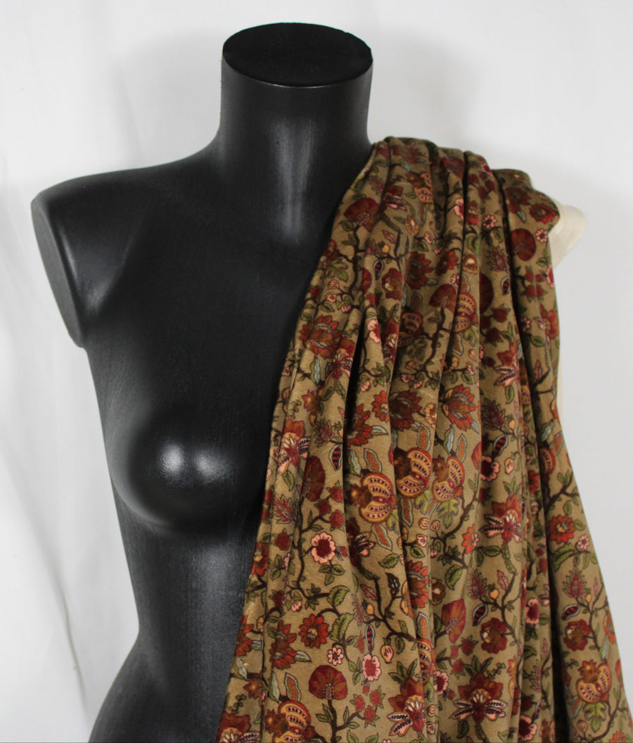 Tissu velours lisse - imprimé fleuri - ton beige et rouille