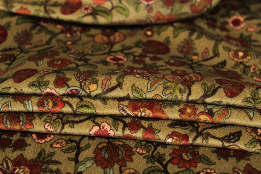 Tissu velours lisse - imprimé fleuri - ton beige et rouille