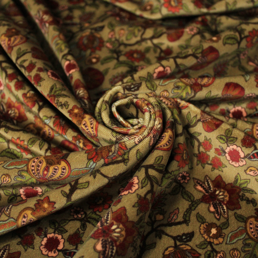 Tissu velours lisse - imprimé fleuri - ton beige et rouille