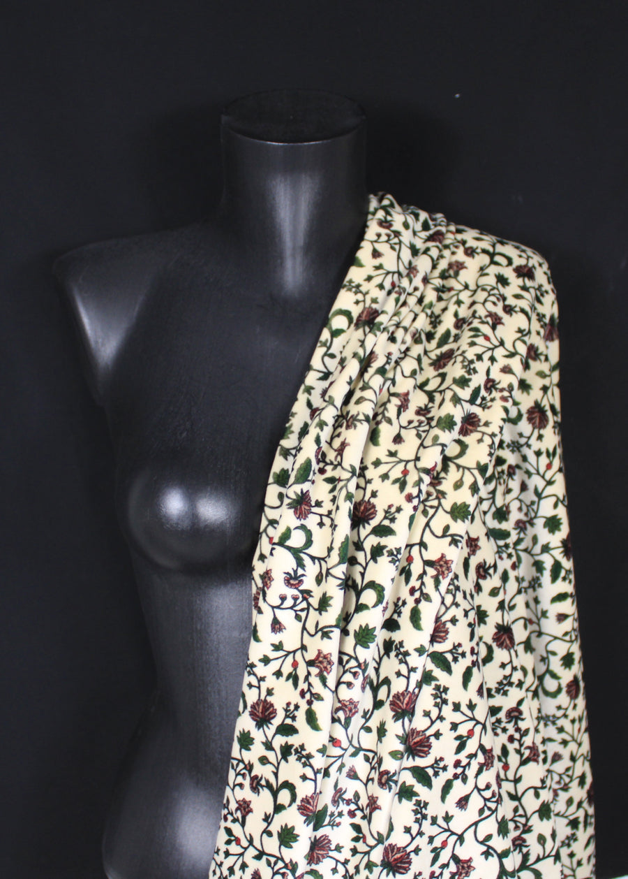 Tissu velours lisse - imprimé fleuri - ton écru et vert