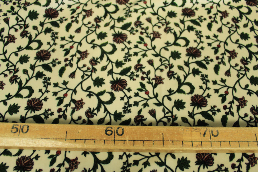 Tissu velours lisse - imprimé fleuri - ton écru et vert