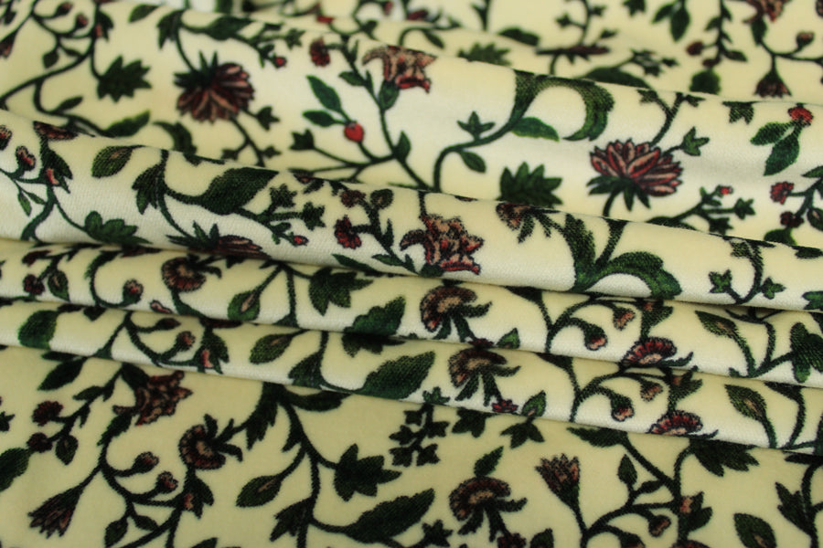 Tissu velours lisse - imprimé fleuri - ton écru et vert