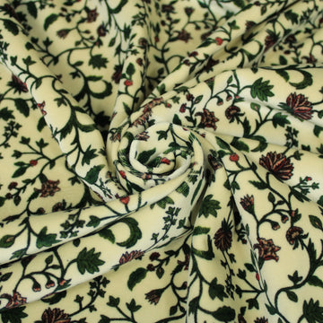 Tissu velours lisse - imprimé fleuri - ton écru et vert