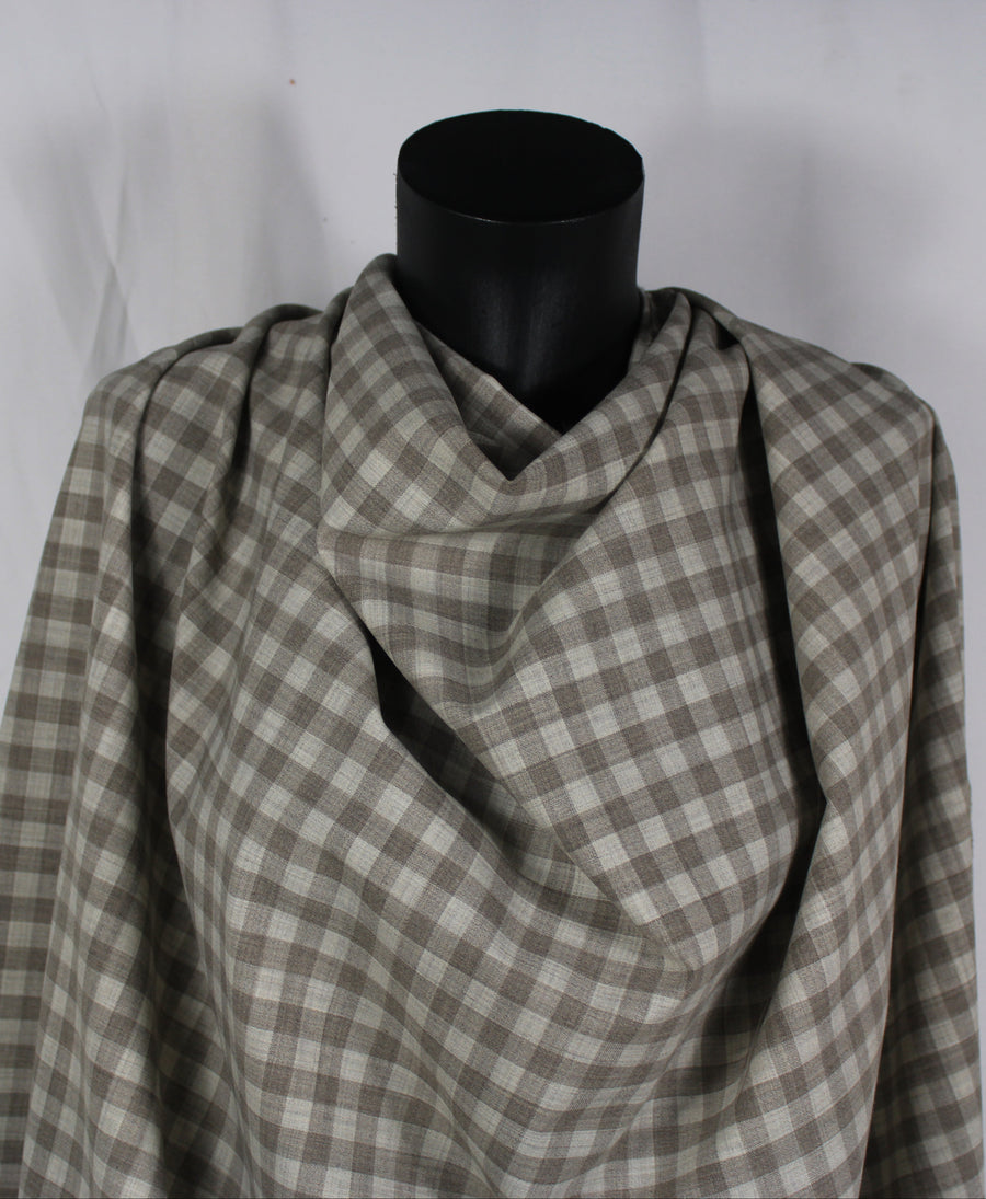 Tissu crêpe de laine stretch - à carreaux - ton greige