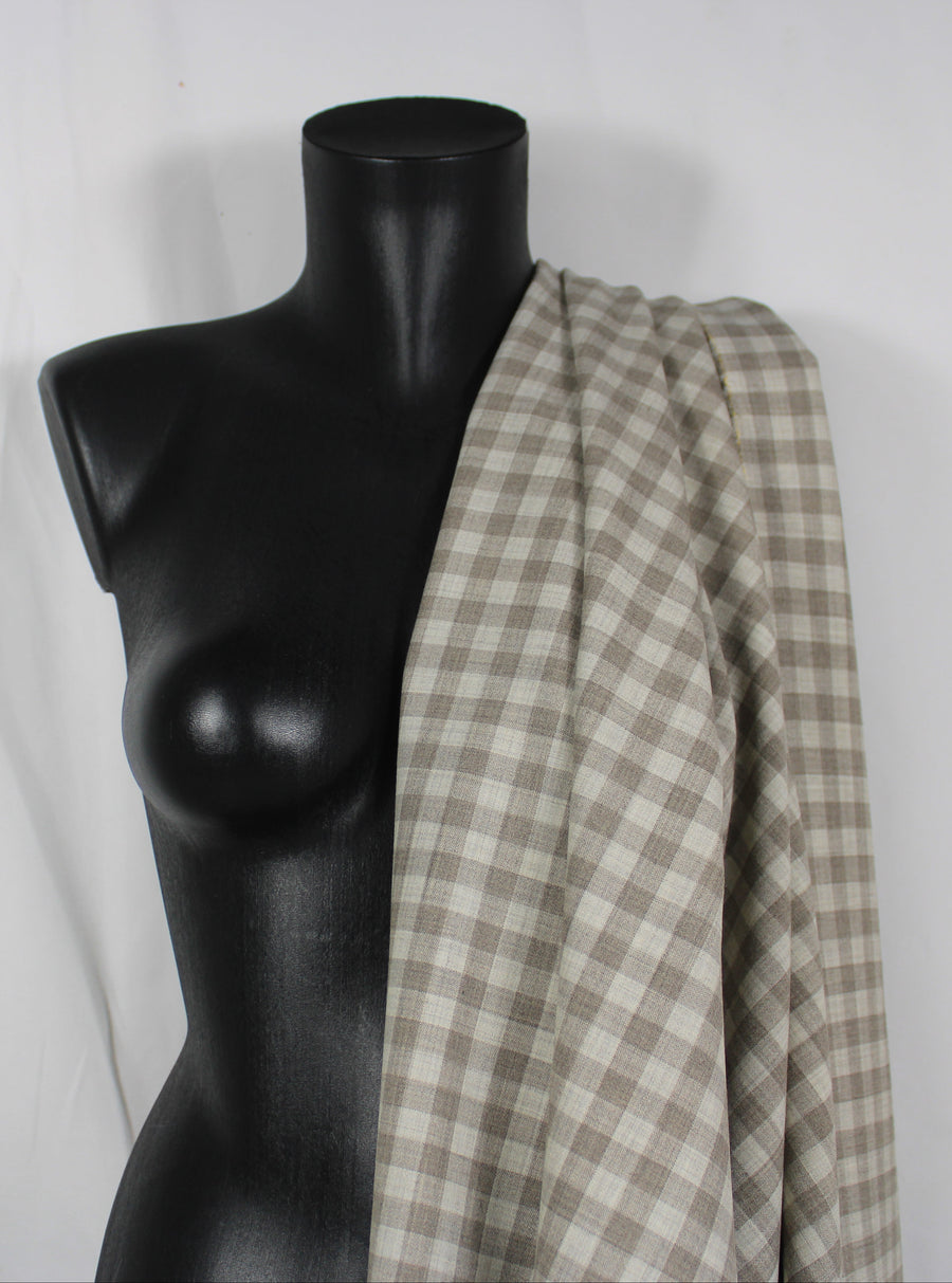 Tissu crêpe de laine stretch - à carreaux - ton greige