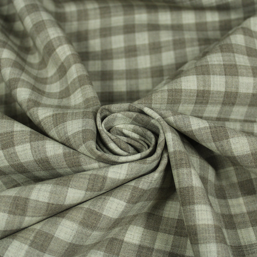 Tissu crêpe de laine stretch - à carreaux - ton greige