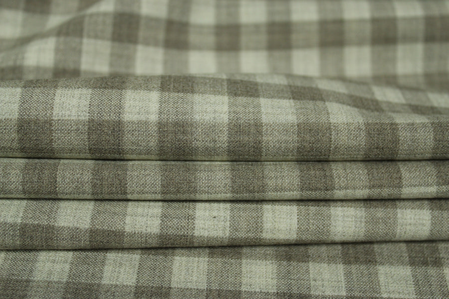 Tissu crêpe de laine stretch - à carreaux - ton greige