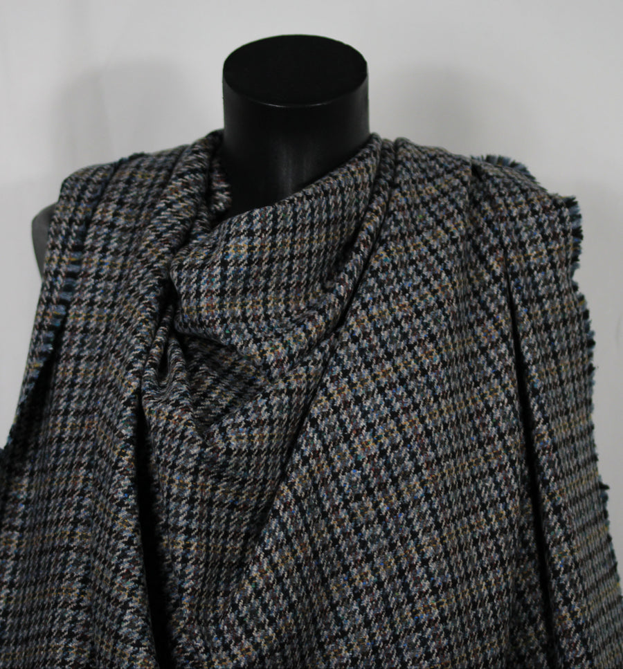 Tissu lainage - pieds de poule - ton gris et bleu marine