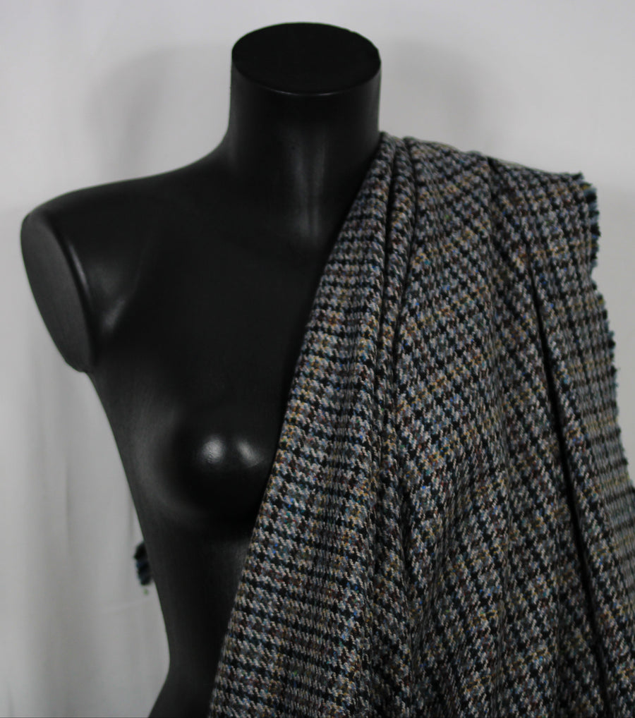 Tissu lainage - pieds de poule - ton gris et bleu marine