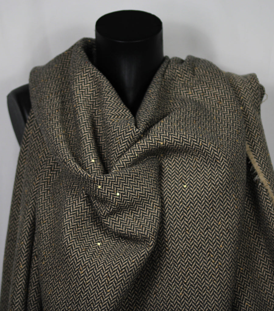 Tissu tweed de coton et laine  - chevron - anthracite , beige et paillettes