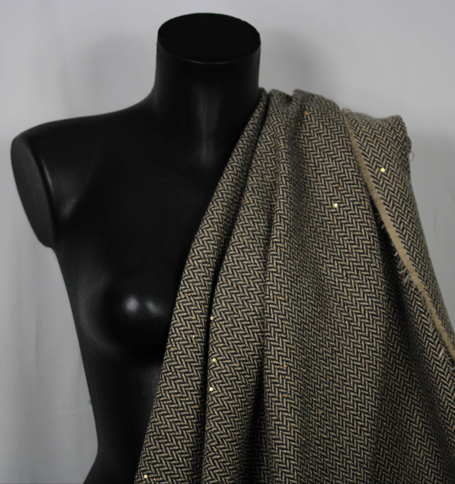 Tissu tweed de coton et laine  - chevron - anthracite , beige et paillettes