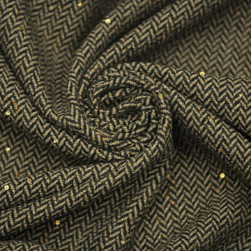 Tissu tweed de coton et laine  - chevron - anthracite , beige et paillettes