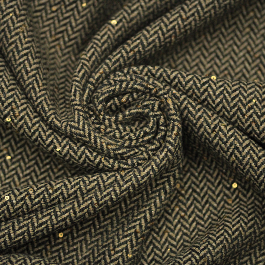 Tissu tweed de coton et laine  - chevron - anthracite , beige et paillettes