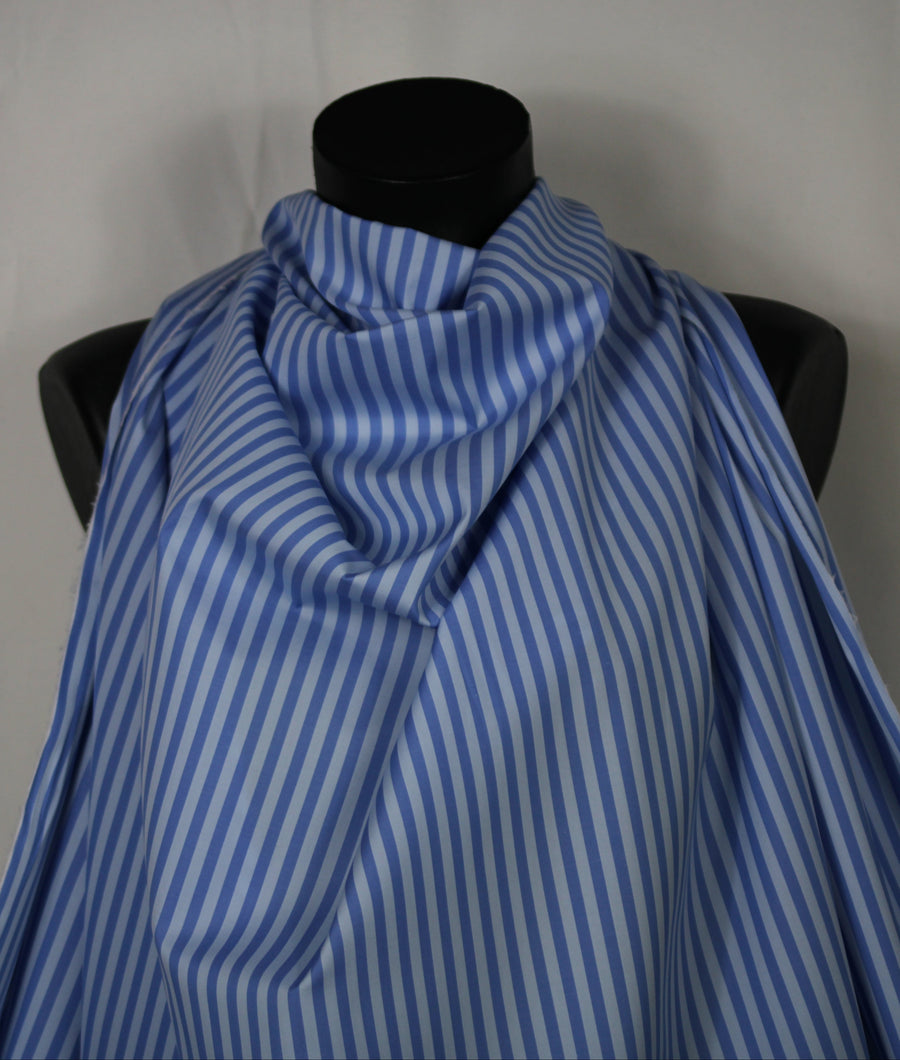 Tissu popeline de coton  prestige - à rayure - bleu ciel et bleu
