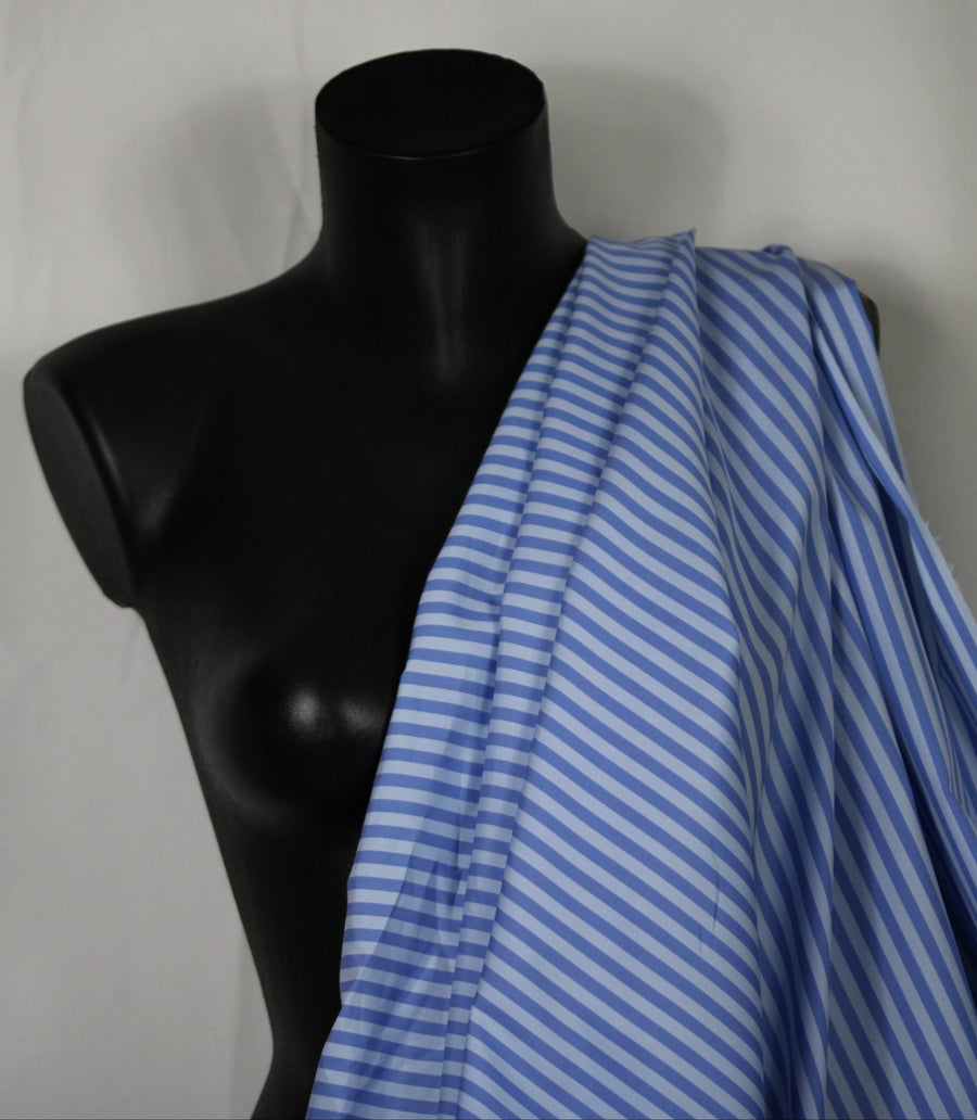 Tissu popeline de coton  prestige - à rayure - bleu ciel et bleu